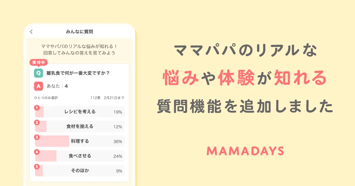 『MAMADAYS』アプリに周囲のママ・パパのリアルがわかる 「みんなに質問」機能が追加されました！